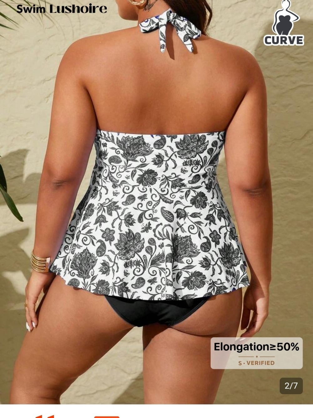 SHEIN Black and White Floral Halter Tankini Swim Top - Picture 2 of 3
